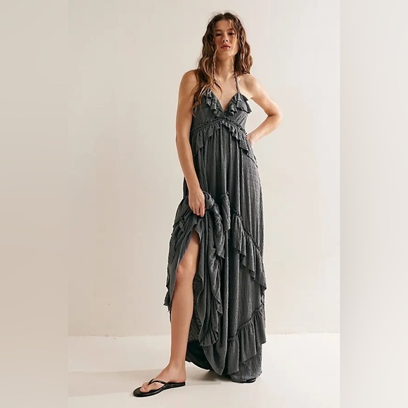 Free People Dresses & Skirts - Free People Beach Santa Luz Gray Maxi Dress Ruffle Open Back Sz XS Beachy Vacay